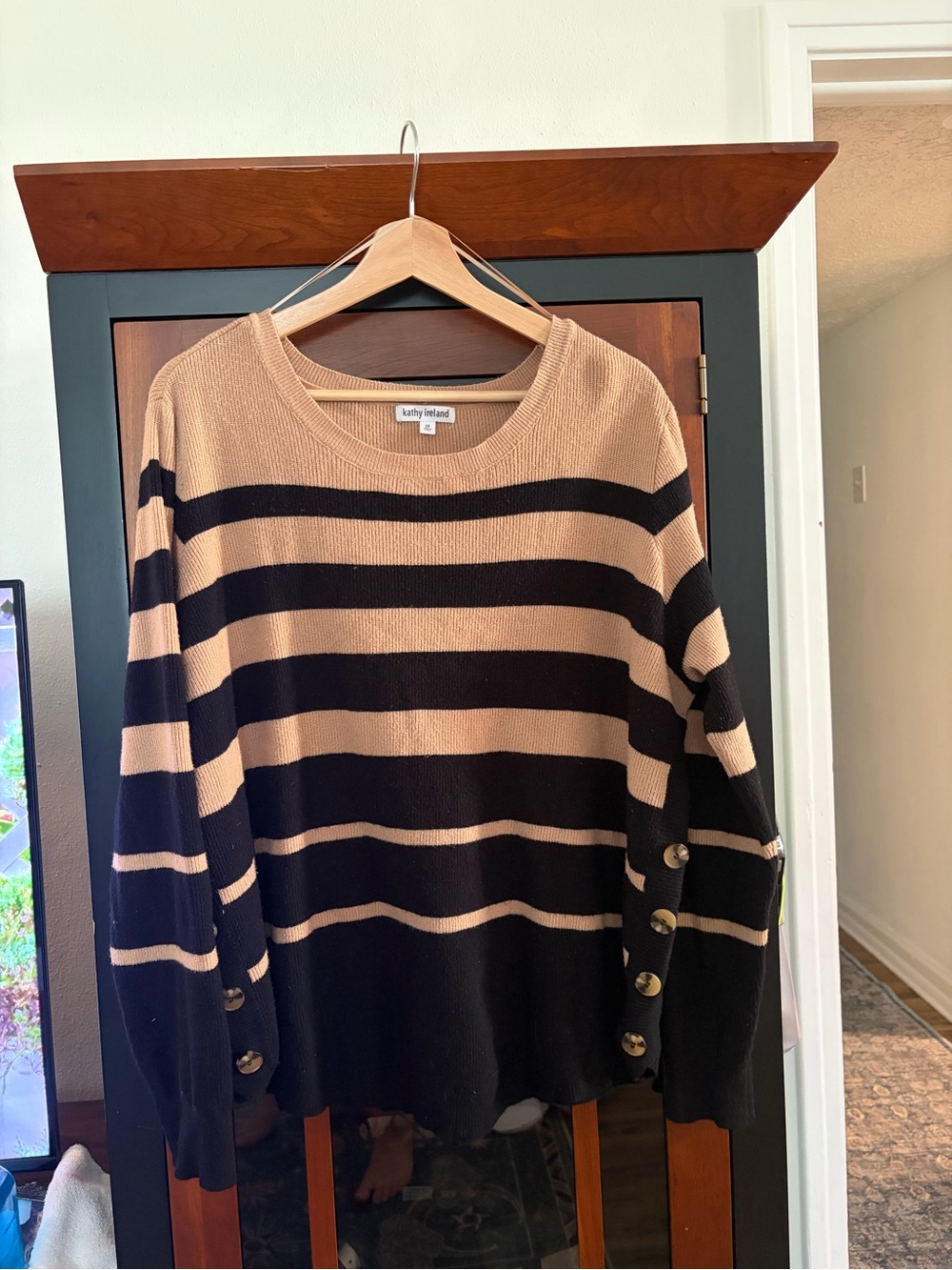 kathy ireland Black and Tan Striped Crewneck with Side Button Detail